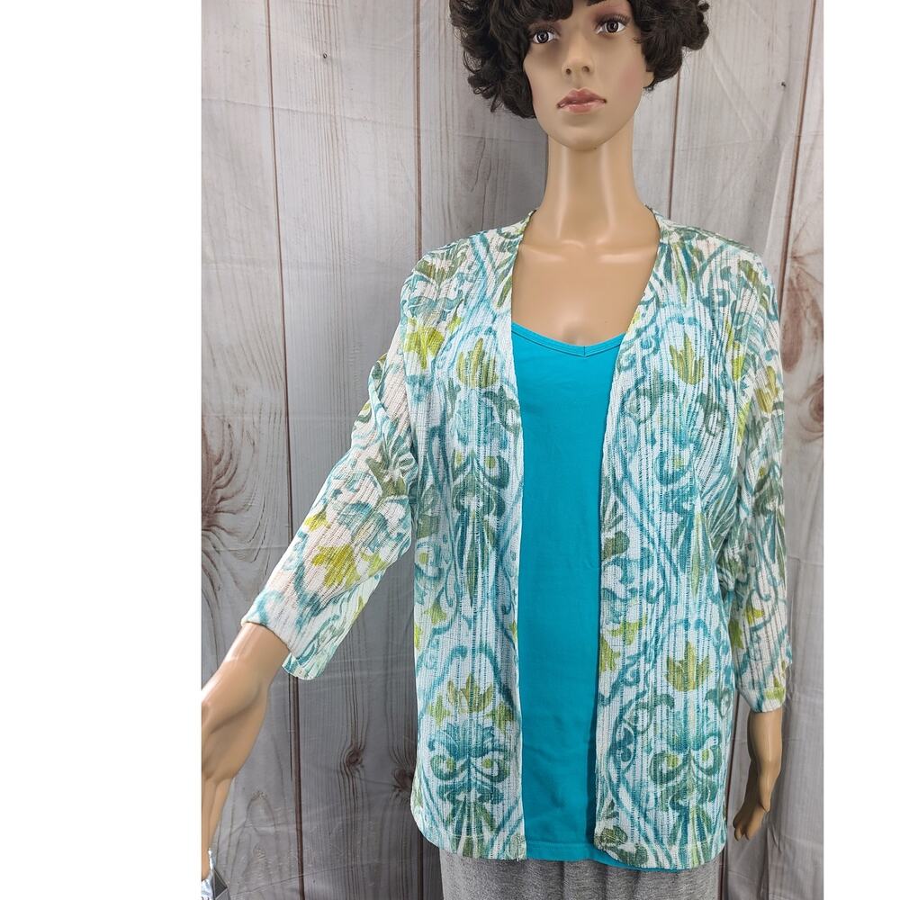 Alfred Dunner Sz L Knit Cardigan Cover-Up Open Front Top White Blue No Necklace